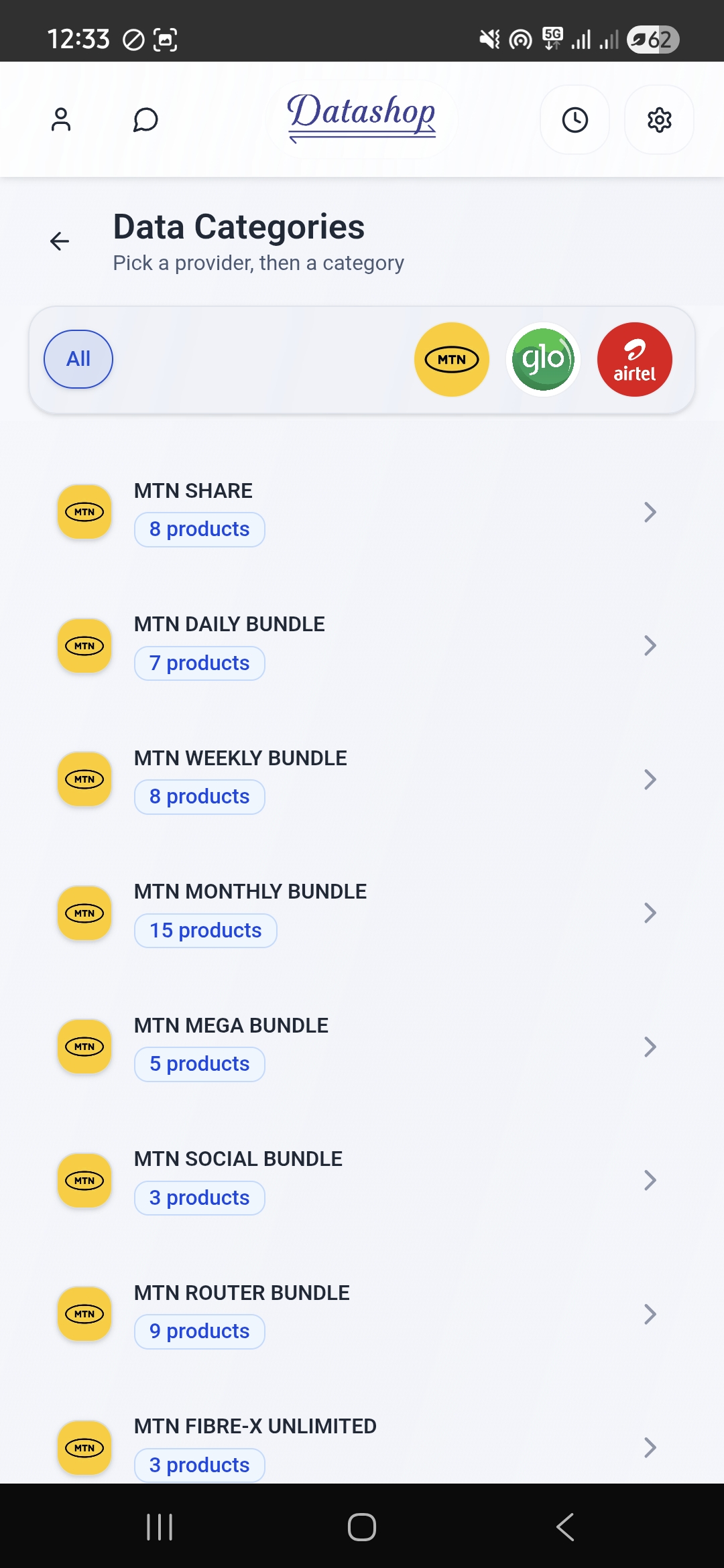 Datashop data categories screen