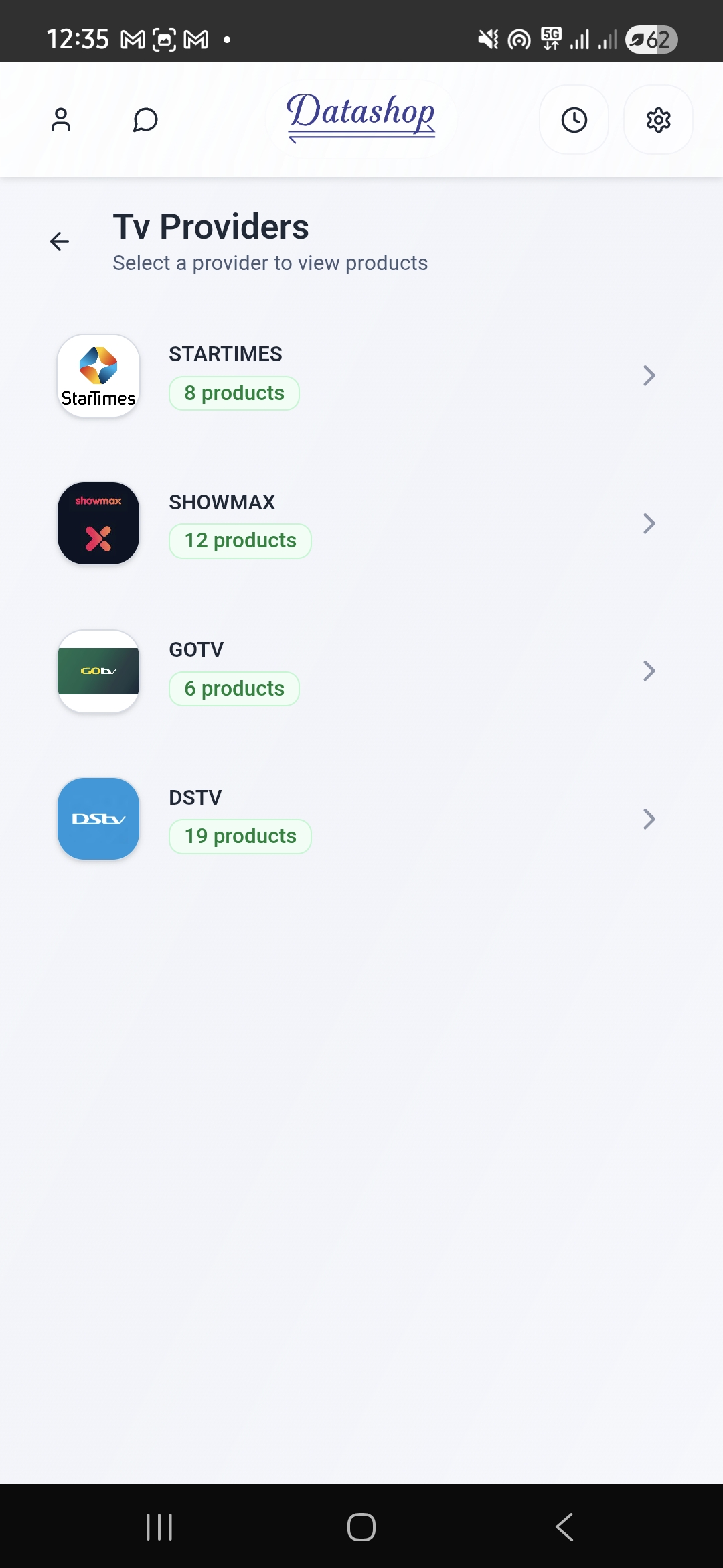 Datashop TV subscription screen